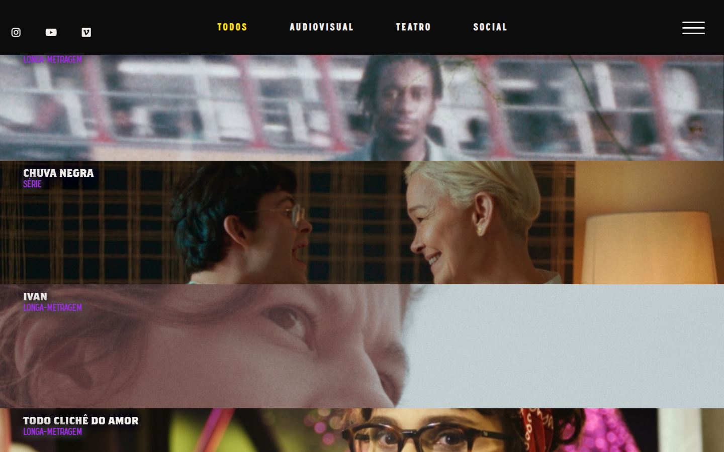 Portfólio filtrável do site da MUK Produções, com longas, séries e teatro